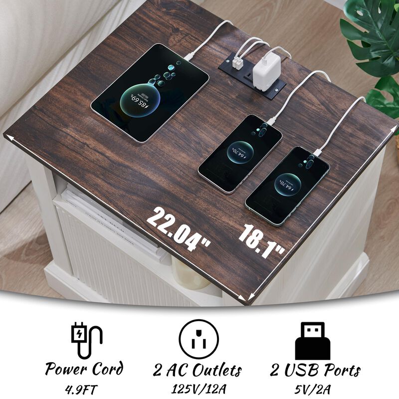 Fluted Wood Nightstand with USB & AC Charging, 22" Wide Side Table, Open Shelf