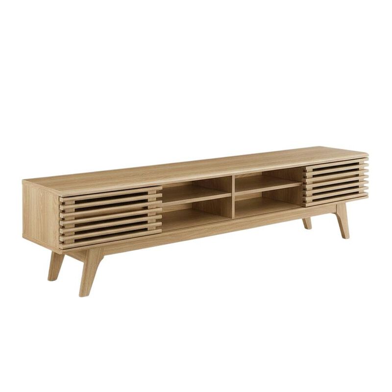 Brown wood entertainment center with spacious TV stand and sleek design image number 0
