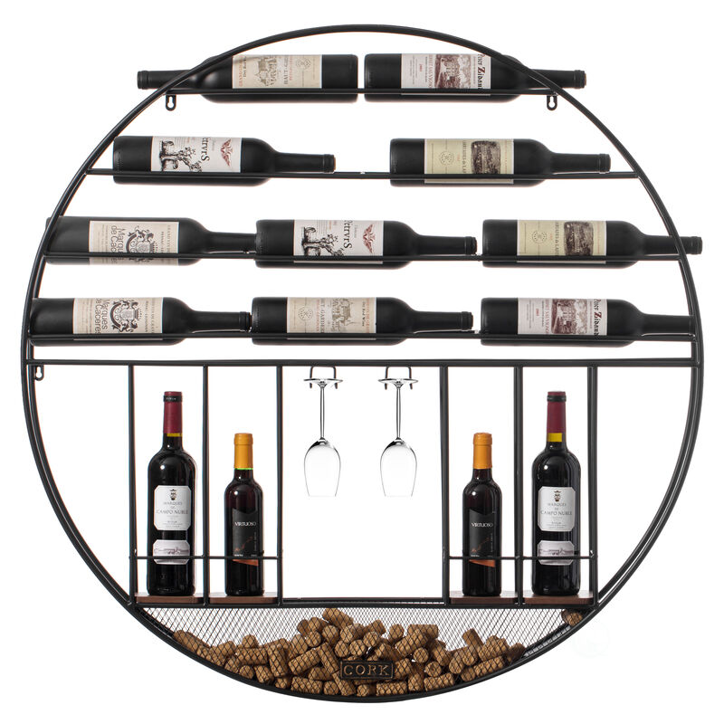 Vintage Decorative Modern Black Metal Round Wall Mounted Wine Display Rack with Cork and Glass Holder
