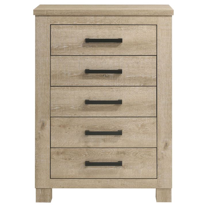 Tyna Tall Dresser Chest with 5 Drawers, Bronze Metal, Weathered Oak Beige