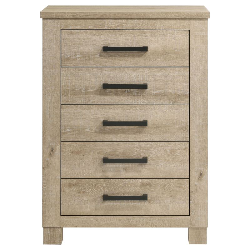 Tyna Tall Dresser Chest with 5 Drawers, Bronze Metal, Weathered Oak Beige image number 0