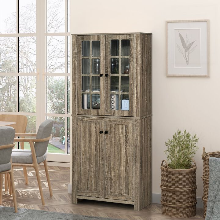 71" Freestanding Kitchen Pantry Cabinet with Glass Door and Shelves, Tall Cupboard for Dining Room, Living Room, Natural