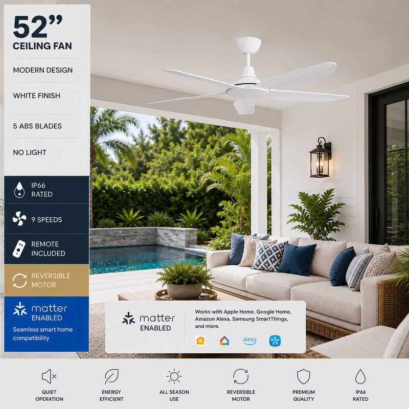 ENLIGHT 52" Smart DC Ceiling Fan, IP66 Outdoor/Coastal Rated, Matter Smart Home Integration, 5 Blades image number 1