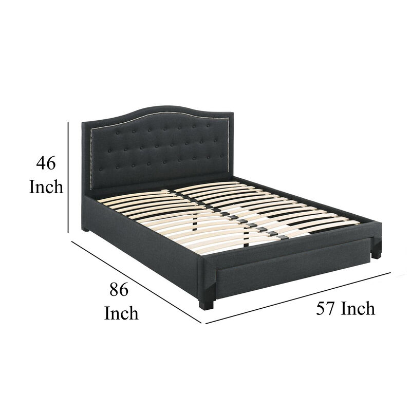 Sey Full Size Bed w Storage Drawers, Dark Gray Upholstered Headboard - Benzara