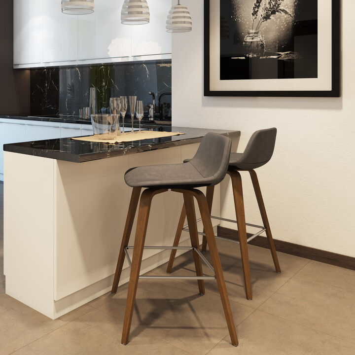 Randolph Mid-Century Modern 28 inch Bentwood Counter/ Bar Height Stool (Set of 2) in Distressed Grey Vegan Faux Leather