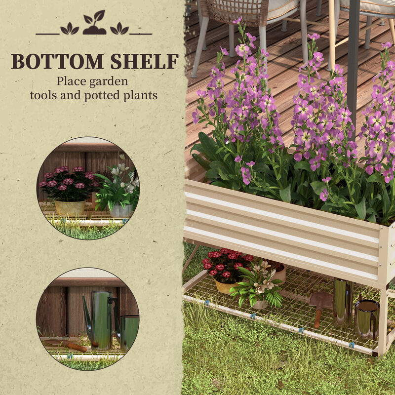 Outsunny Raised Garden Bed with Galvanized Steel Frame, Storage Shelf and Bed Liner, Elevated Planter Box with Legs for Vegetables, Flowers, Herbs, Cream