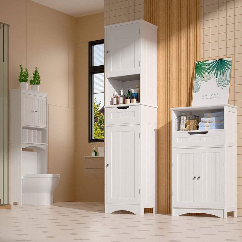 Slim Bathroom Linen Tower with Double Doors, Storage Drawer & Shelf