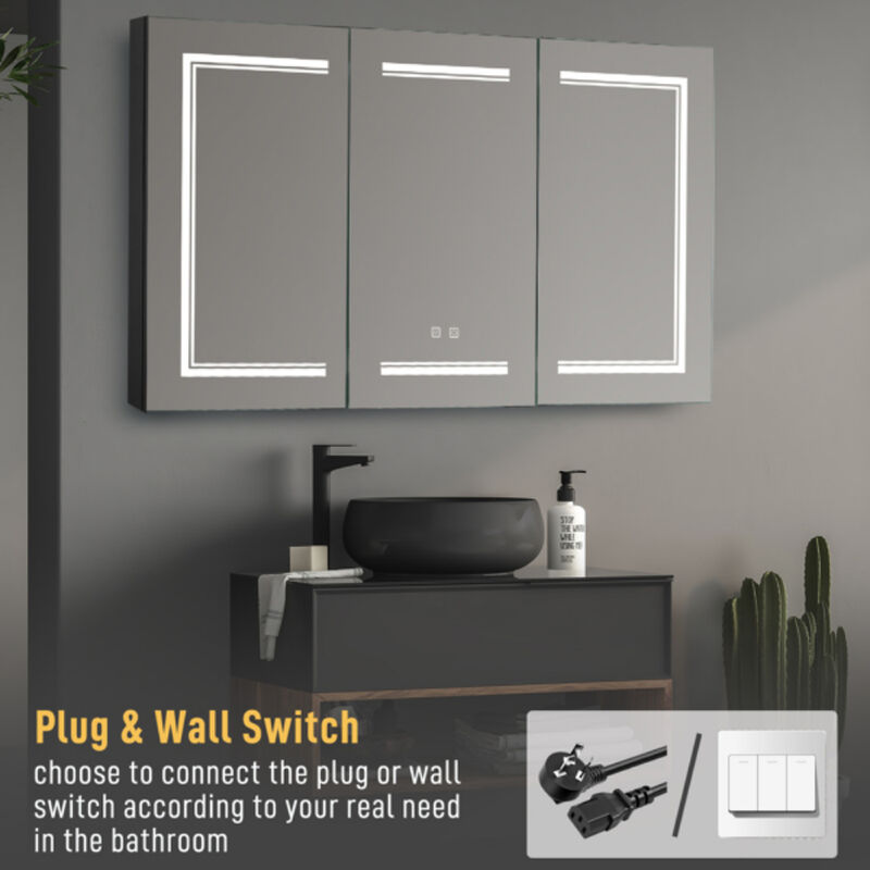 Modern Bathroom Wall Cabinet with Three-Color LED Light and Dual Power Plugs