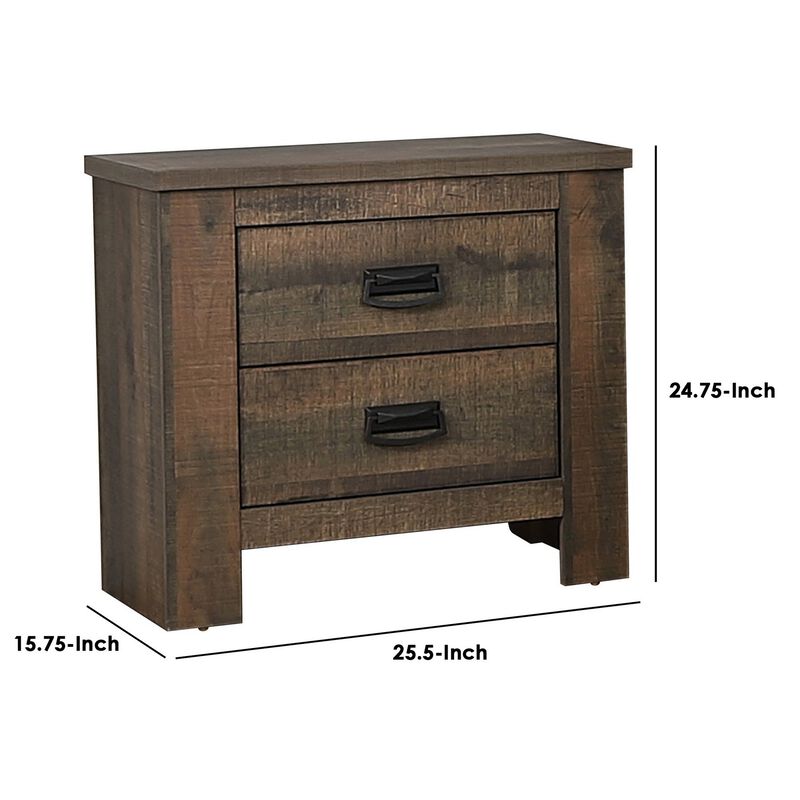 Wooden Nightstand with 2 Drawers and Saw Hewn Texture, Brown-Benzara