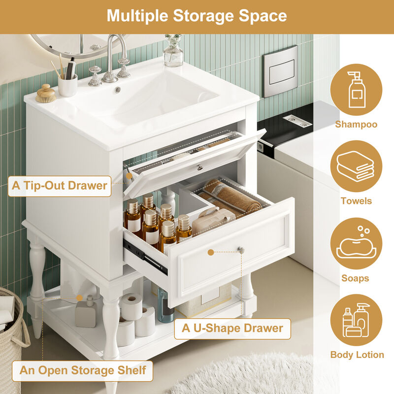 ELEMENT ACE Bathroom Vanity with Ceramic Sink, Bathroom Storage Cabinet with Open Shelf and Drawers for Functional Bathroom Organization and Decor image number 7