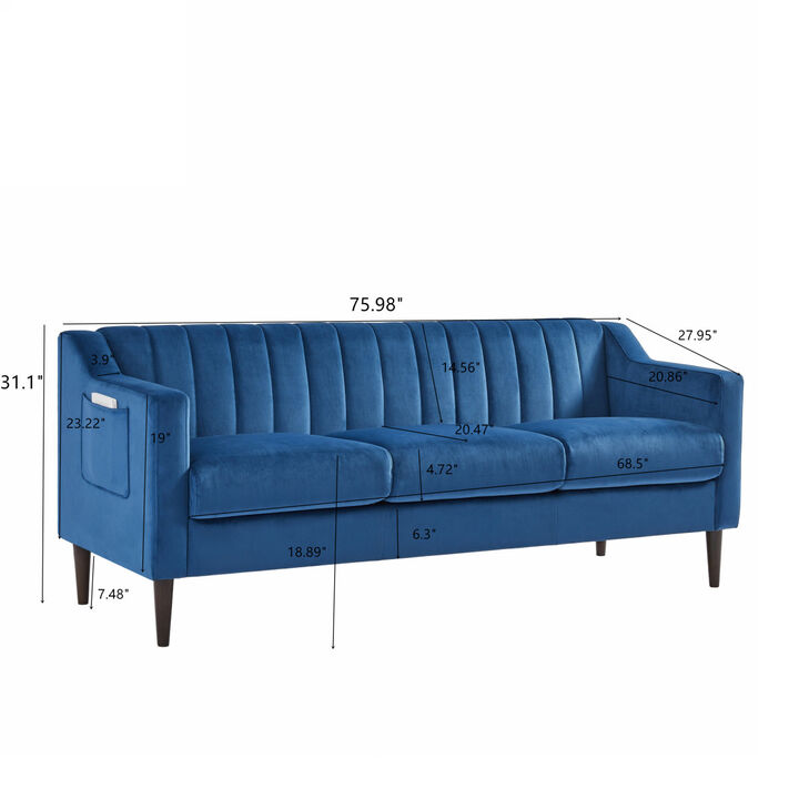 Modern Chesterfield sofa couch, Comfortable Upholstered sofa with Velvet Fabric and Wooden Frame and Wood Legs for Living Room/Bedroom/Office Blue -3 Seats