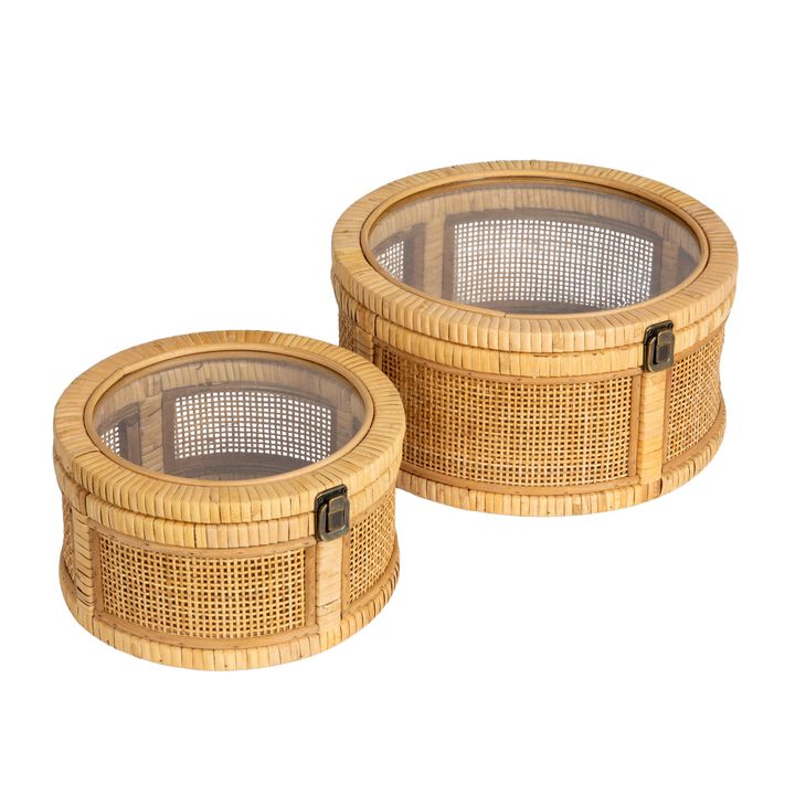 Rattan and Bamboo Nestable Round Storage with Glass Lids, Natural, Set of 2