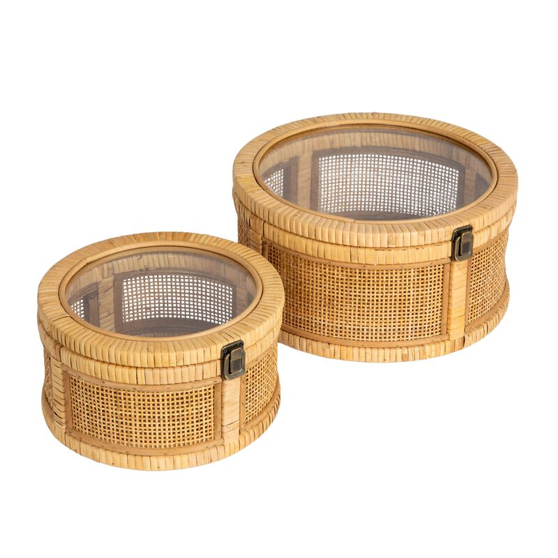 Rattan and Bamboo Nestable Round Storage with Glass Lids, Natural, Set of 2 image number 0