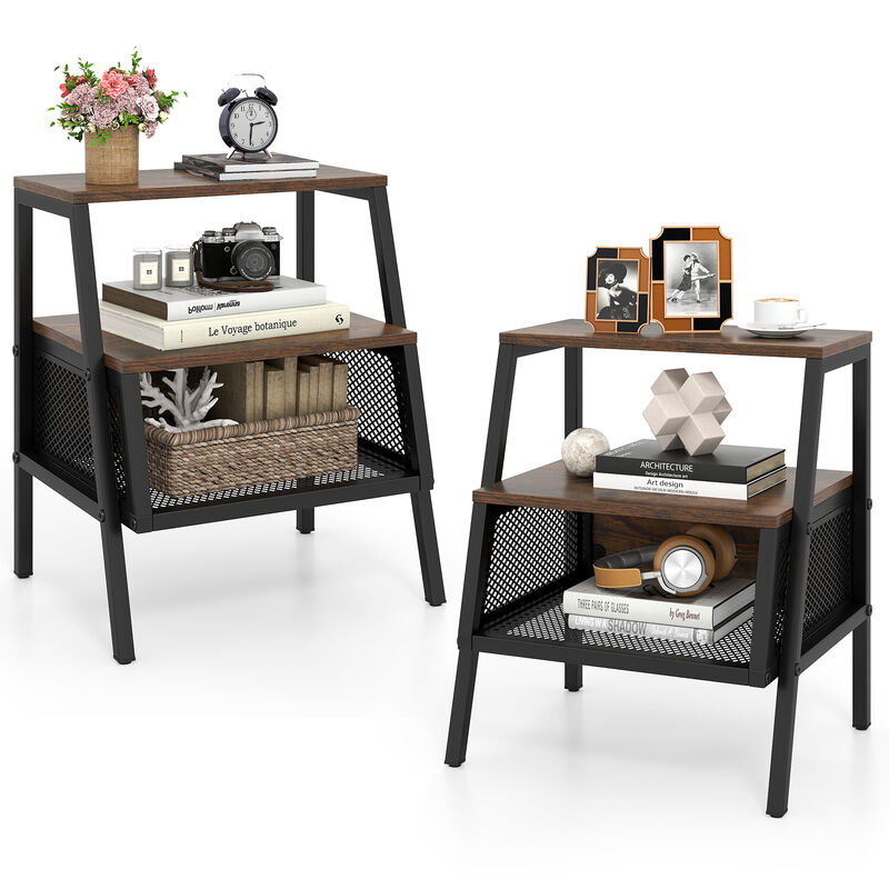 3-Tier Bedside Tables Set of 2 with Open Shelves and Metal Mesh Storage image number 6