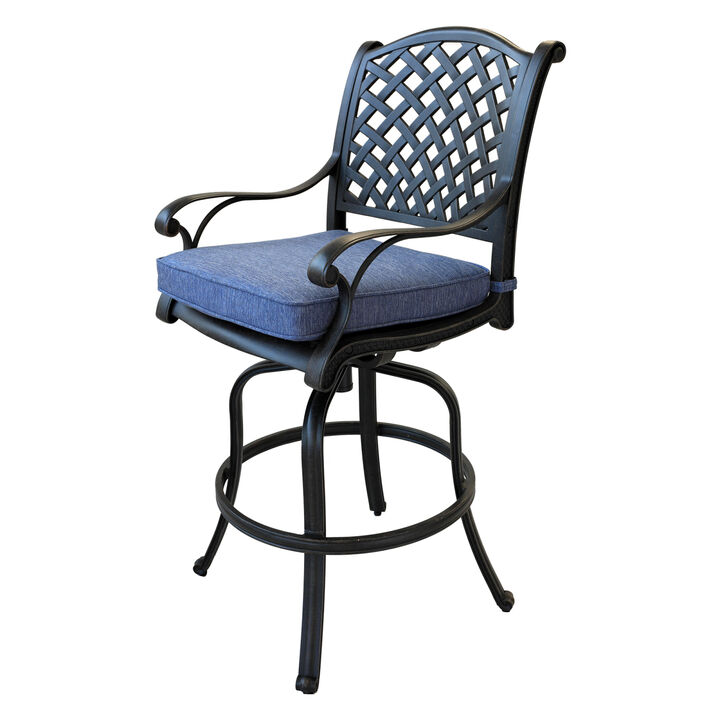 Patio Outdoor Aluminum Barstool With Cushion, Set of 2, Navy Blue