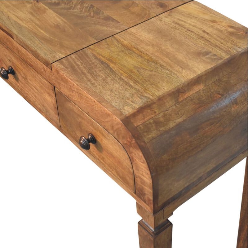 Artisan Furniture Solid Wood Golden Teak Curved Dressing Table, 1 Lift up Mirror, Storage Compartments, Brown image number 2