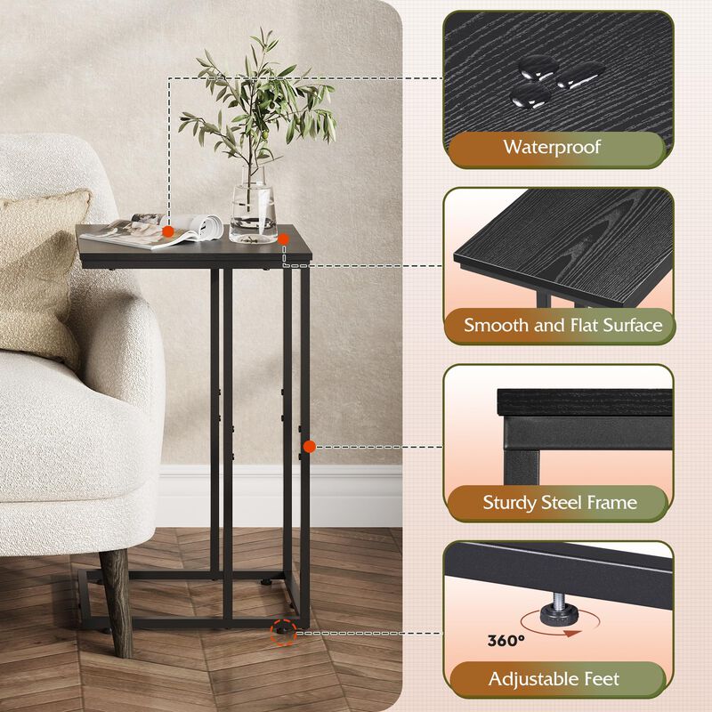 WLIVE Black Side Table Set of 2, C Shaped End Table Sets, Small Sofa Side Tables Bedroom, Living Room, Home Office, 2-Tier Couch