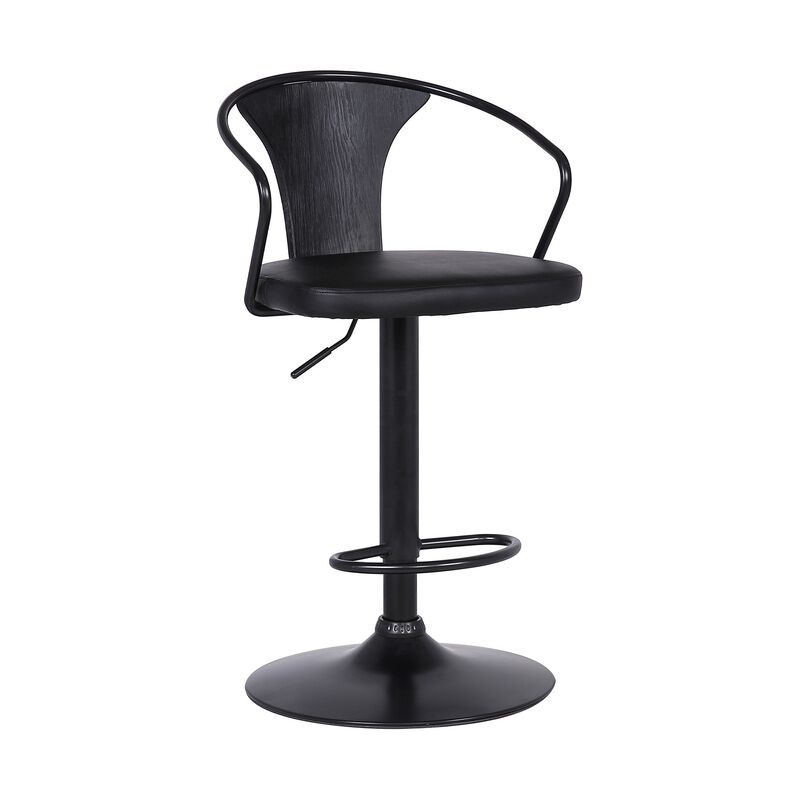 Adjustable Leatherette Swivel Barstool with Curved Back, Black - Benzara