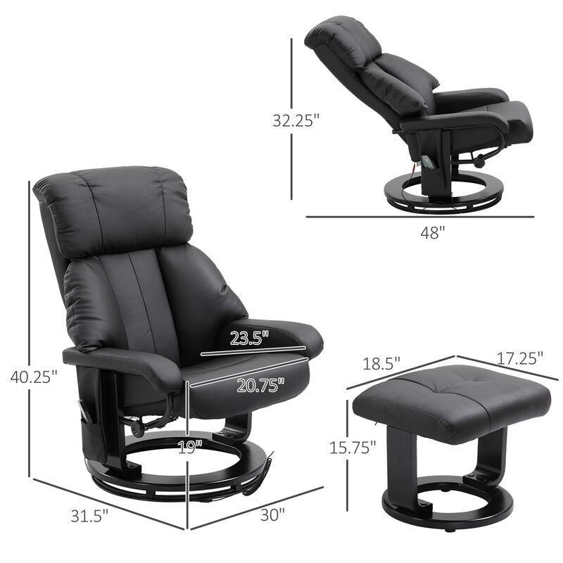 HOMCOM Massage Recliner Chair with Ottoman, 360° Swivel Recliner and Footstool, PU Leather Reclining Chair with Side Pocket and Remote Control, Black