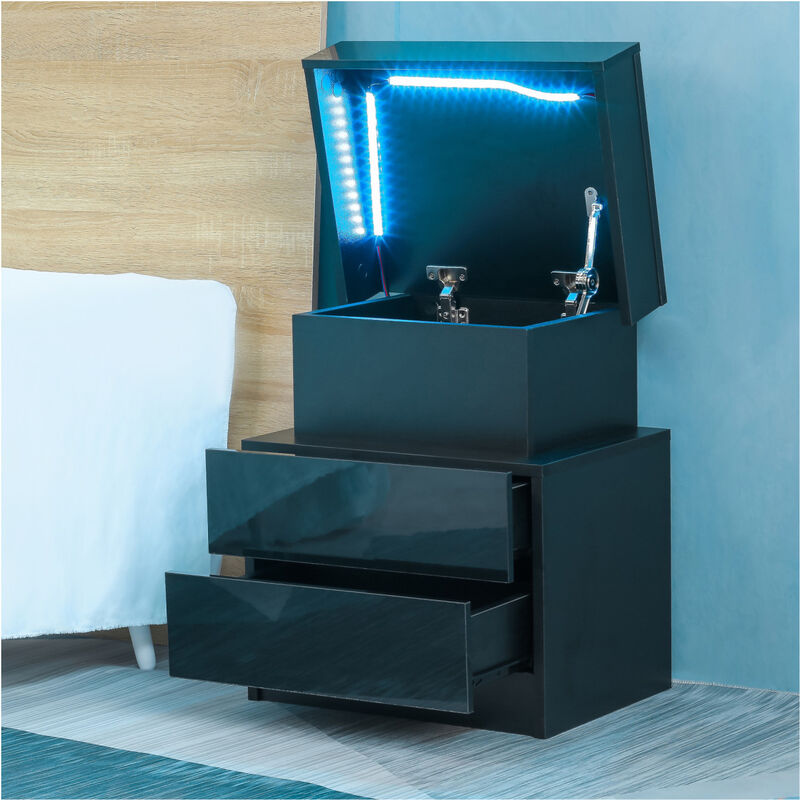 LED Nightstand Modern Black Nightstand with Led Lights Wood Led Bedside Table Nightstand with 2 High Gloss Drawers for Bedroom