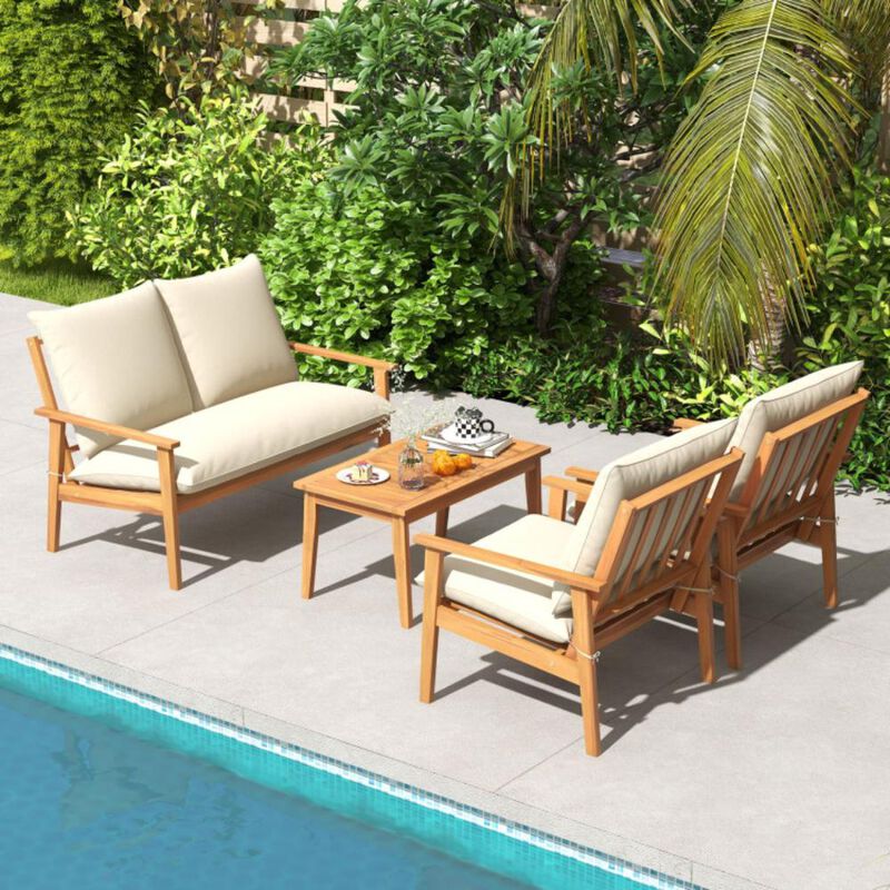 Hivvago 4 Pieces Outdoor Acacia Wood Conversation Set with Soft Cushions and Coffee Table