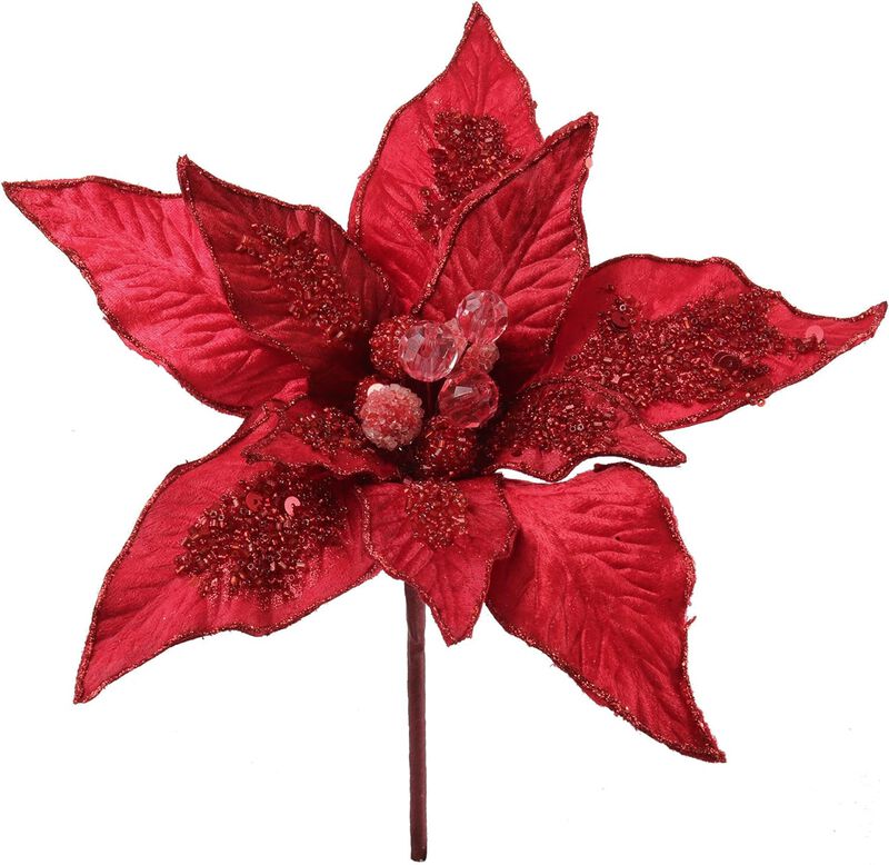 Premium 11-Inch Velvet Poinsettia, Elegant 10-Petal Christmas Floral Decor, Luxurious Red Table Centerpiece, Seasonal Holiday Home Accent