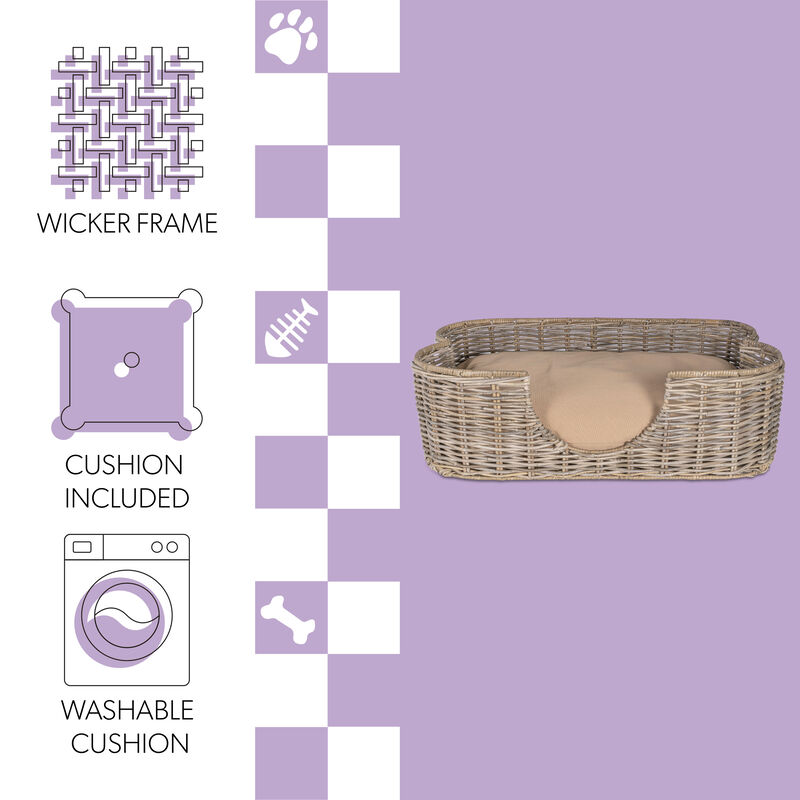 Scallop 31" x 20" Tropical Handwoven Rattan Dog Bed with Machine Washable Cushion, Kubu Gray