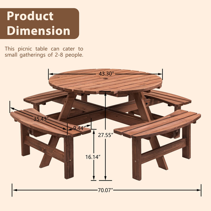 8-Person Outdoor Circular Picnic Table Patio Dining Set with 4 Built-in Benches for Backyard & Garden
