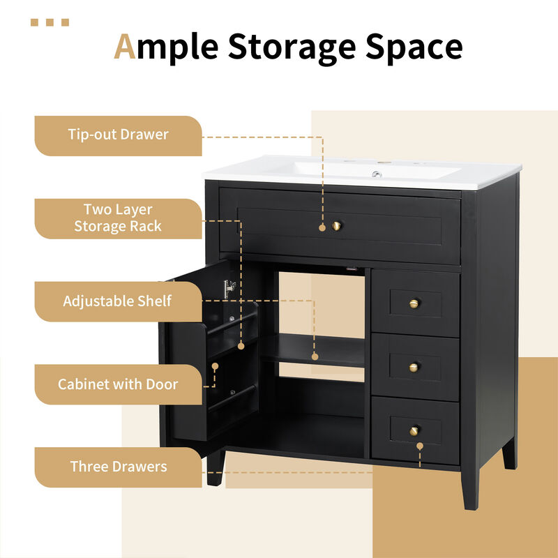 Merax Bathroom Storage Vanity with Left Adjustable Shelving Cabinet & 3 Right Smooth-Glide Drawers image number 5
