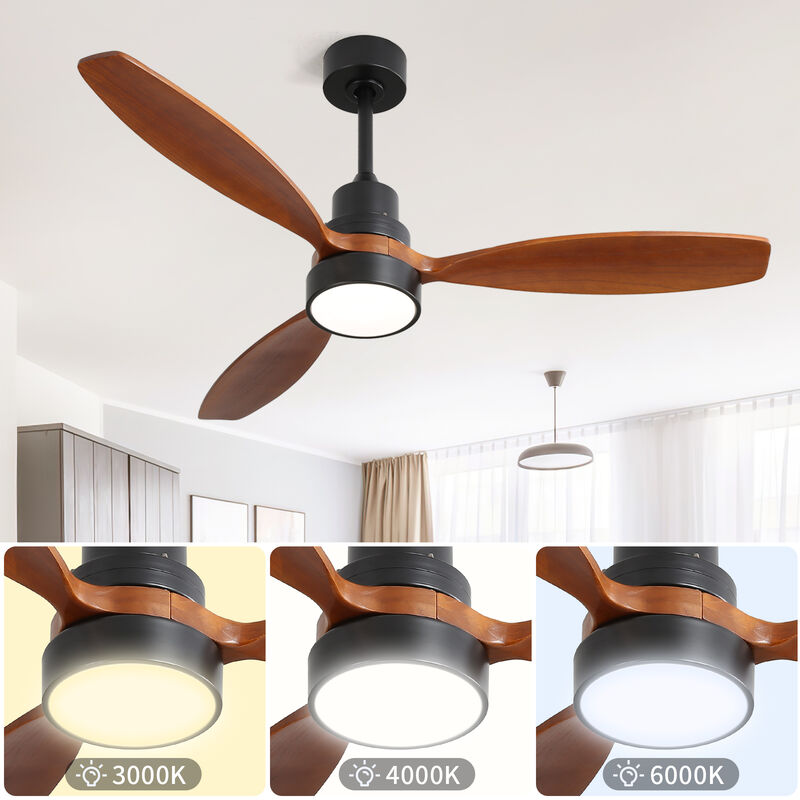 52 Inch Wooden Led Light Ceiling Fan With 3 Solid Wood Blades Remote Control Reversible DC Motor image number 4
