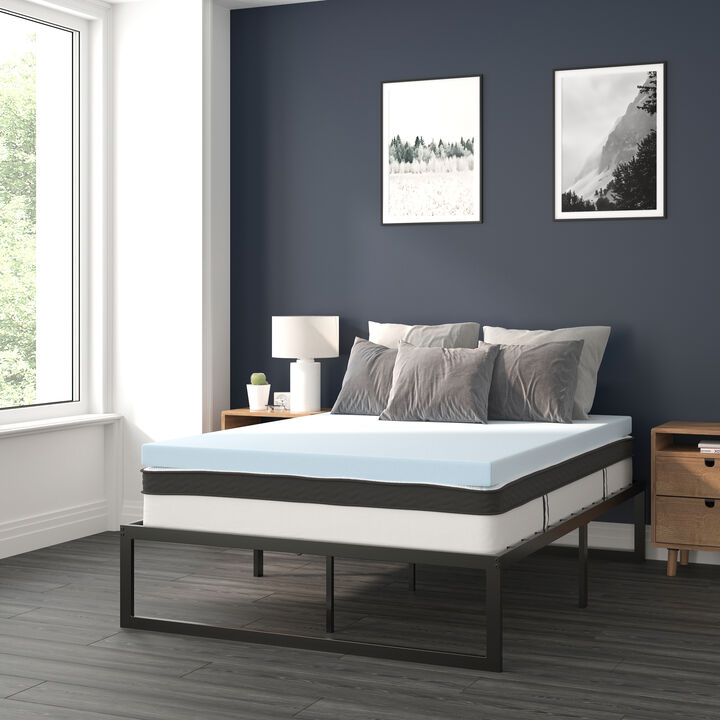 Leo 14 Inch Metal Platform Bed Frame with 10 Inch Pocket Spring Mattress in a Box and 3 inch Cool Gel Memory Foam Topper - Full