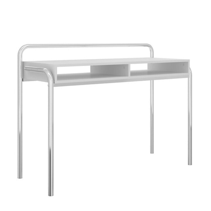Office Desk with 2 Compartments and Tubular Metal Frame, White and Chrome-Benzara