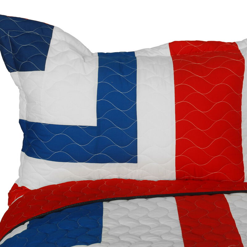 3 Piece Queen Geometric Quilt Set with Patchwork and Quilted Stitching-Red image number 2