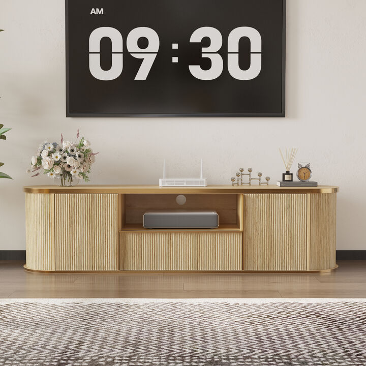 FUFU&GAGA Wood Grain TV Cabinet with Gold Trim, Curved Design, Pull-out Drawers, and Ample Storage,(70"W x 15.1"D x 18.3"H), Brown