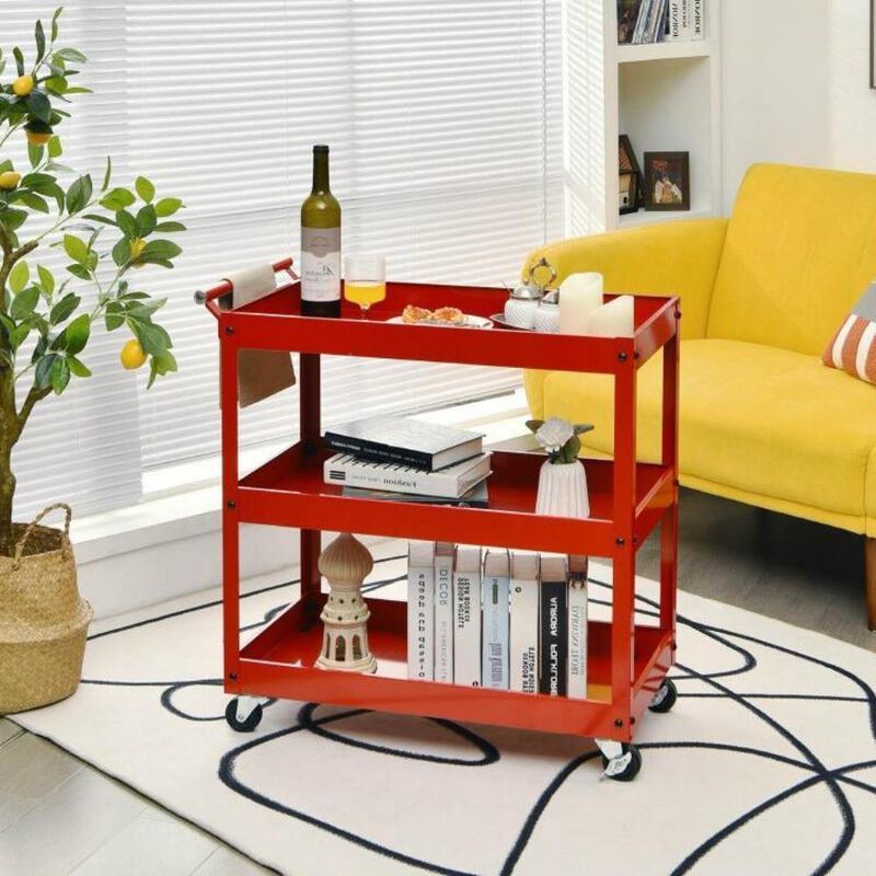 Hivvago Red Steel Frame Kitchen Serving Utility Cart on Wheels with 2 Bottom Shelves