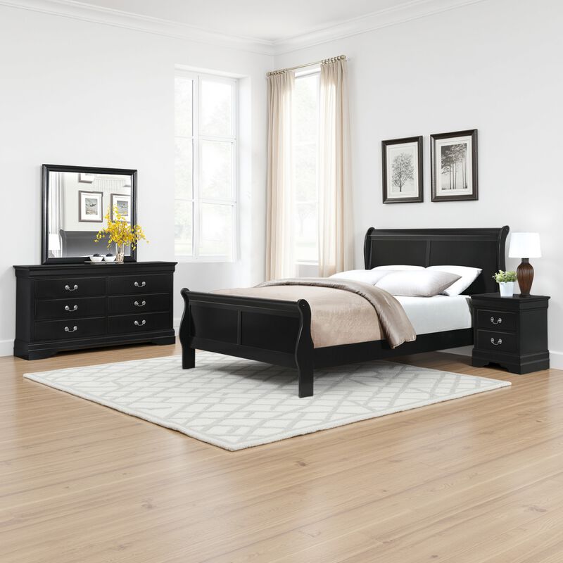 Fy Four Piece Queen Size Bedroom Set, Antique Nickel Metal Handles, Black - Benzara