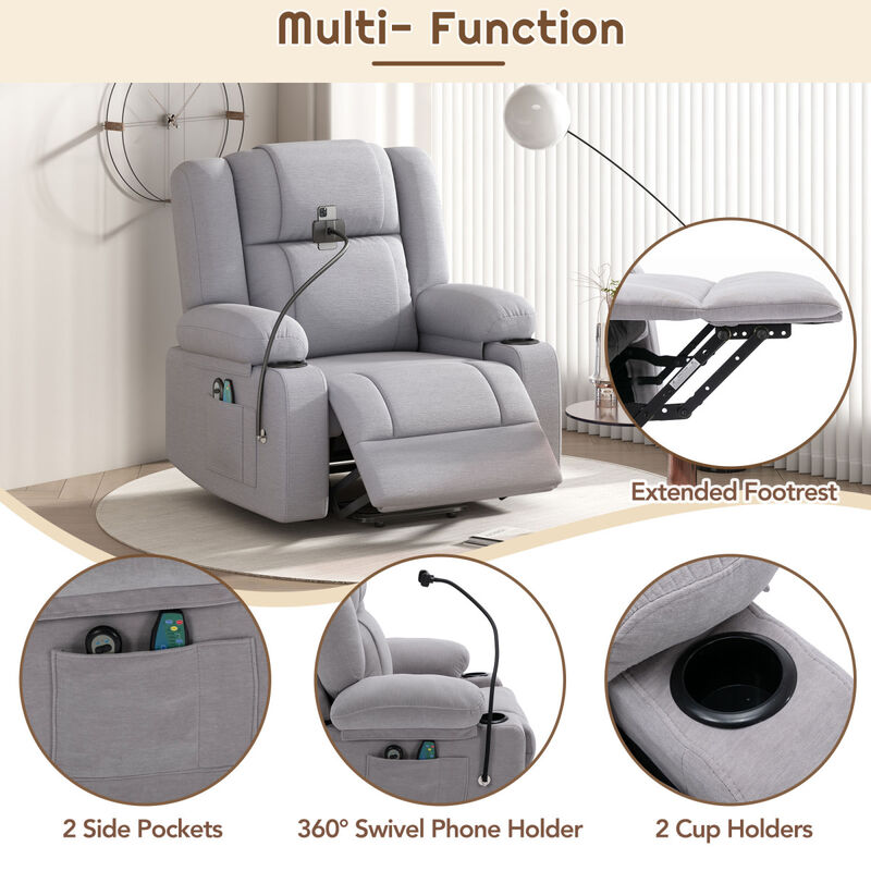 Power Lift Recliner Chair Electric Recliner for Elderly Recliner Chair with Massage and Heating Functions, Remote, Phone Holder Side Pockets and Cup Holders for Living Room, Grey