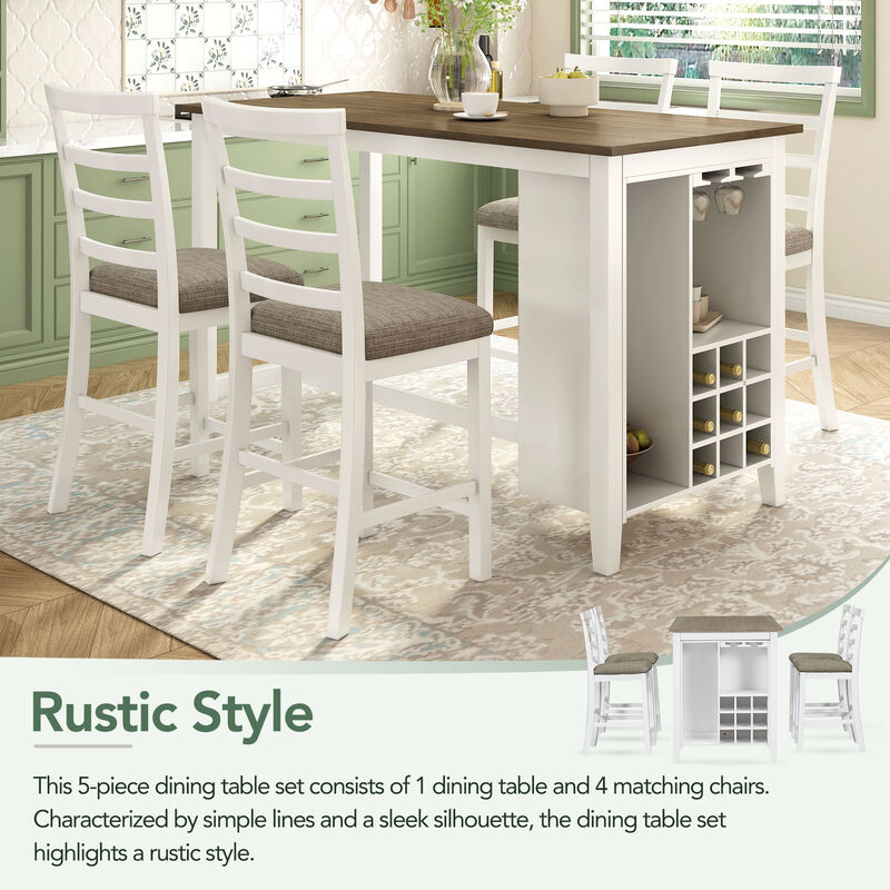 Whisen 5-Piece Multi-Functional Rubber Wood Counter Height Dining Set with 4 Padded Chairs - Brown&White Wash