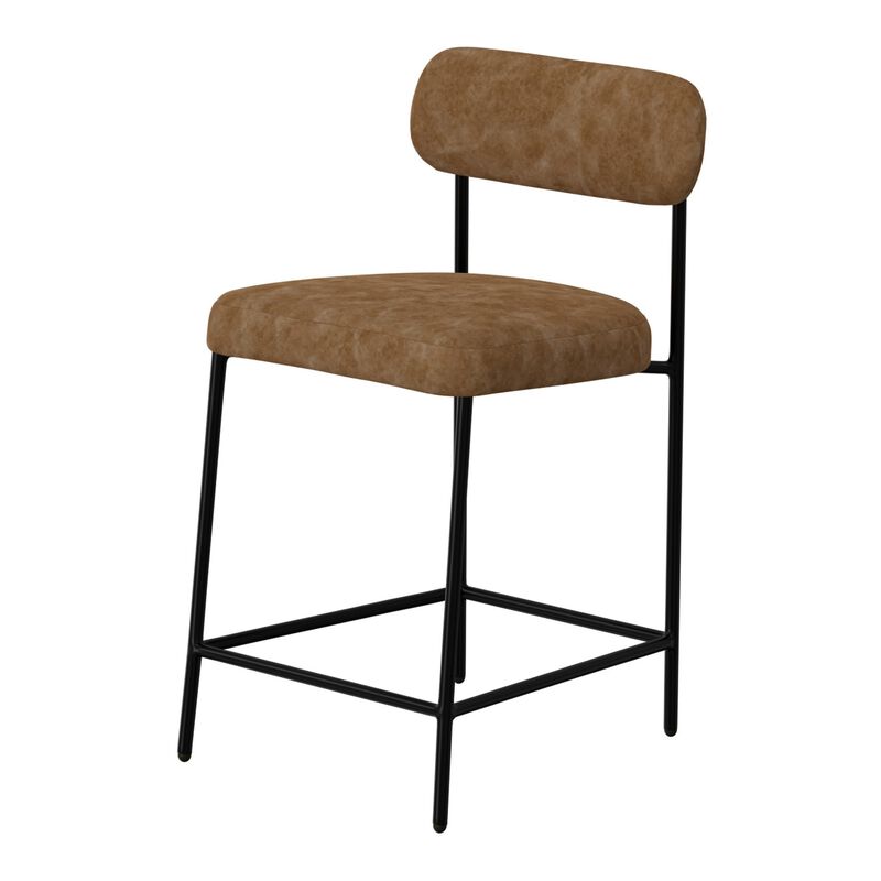Iffa Counter Height Chair, Open Back, Black Iron, Cognac Brown Faux Leather