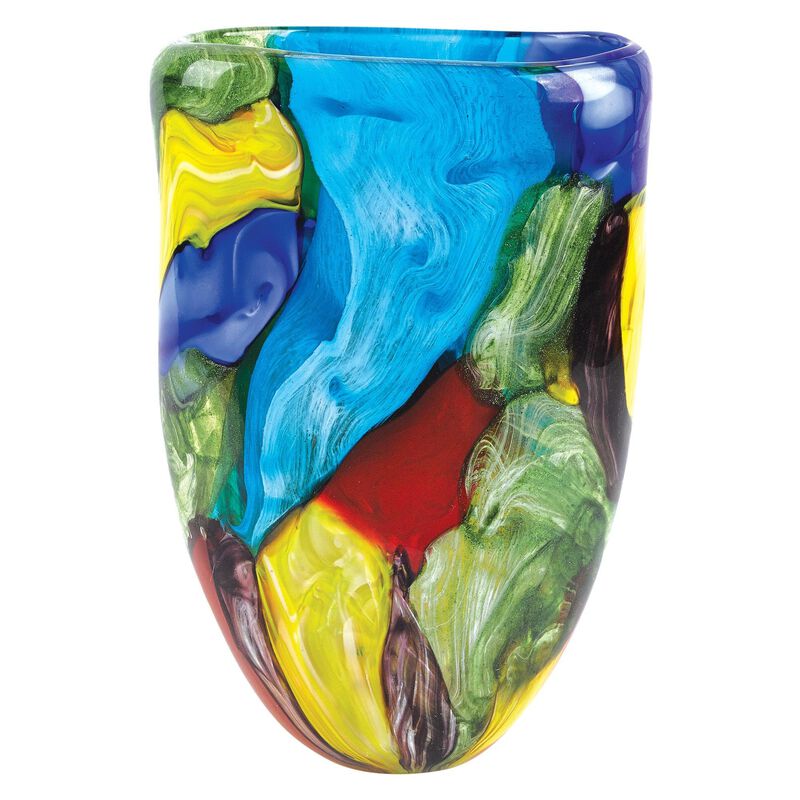 HomeRoots 11" Blue Green Red And Yellow Cylinder Murano Glass Table Vase image number 2