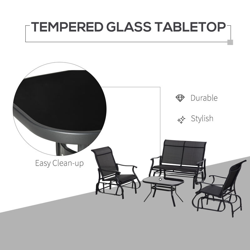 Outsunny 4 Pieces Gliders Set, Outdoor Furniture Sets with 2-Person Glider Patio Bench, Single Sling Chair and Glass Coffee Table for Backyard, Lawn and Garden, Black