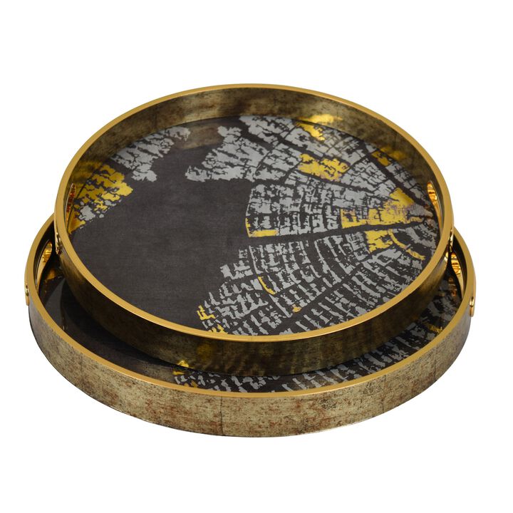 Archy Round Tray, Set of 2, Abstract Patterns, Black-Gold Polyurethane