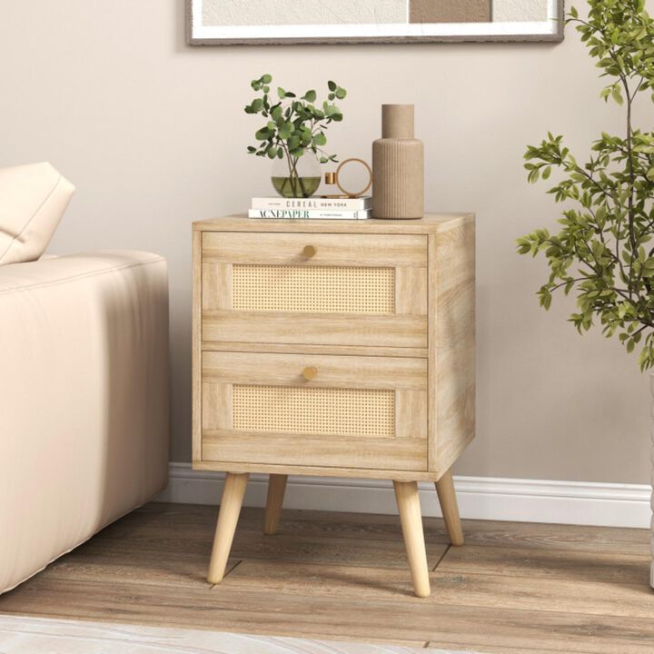 Hivvago Rattan Nightstand Boho Accent Bedside Table with 2 Storage Drawers