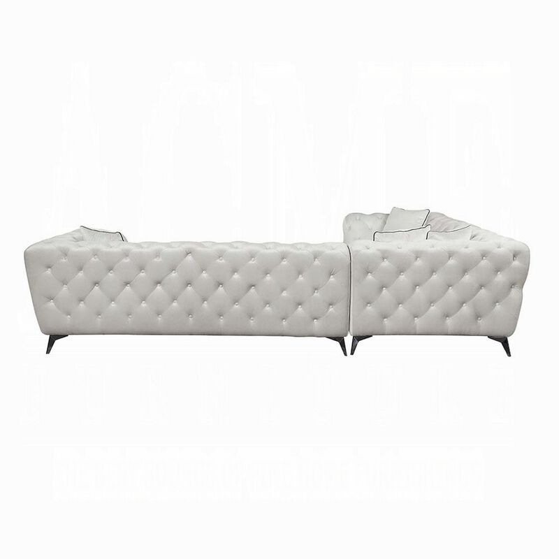 Ronia Sectional Sofa, 4 Throw Pillows, Tufted Ivory White, 133 Inch - Benzara