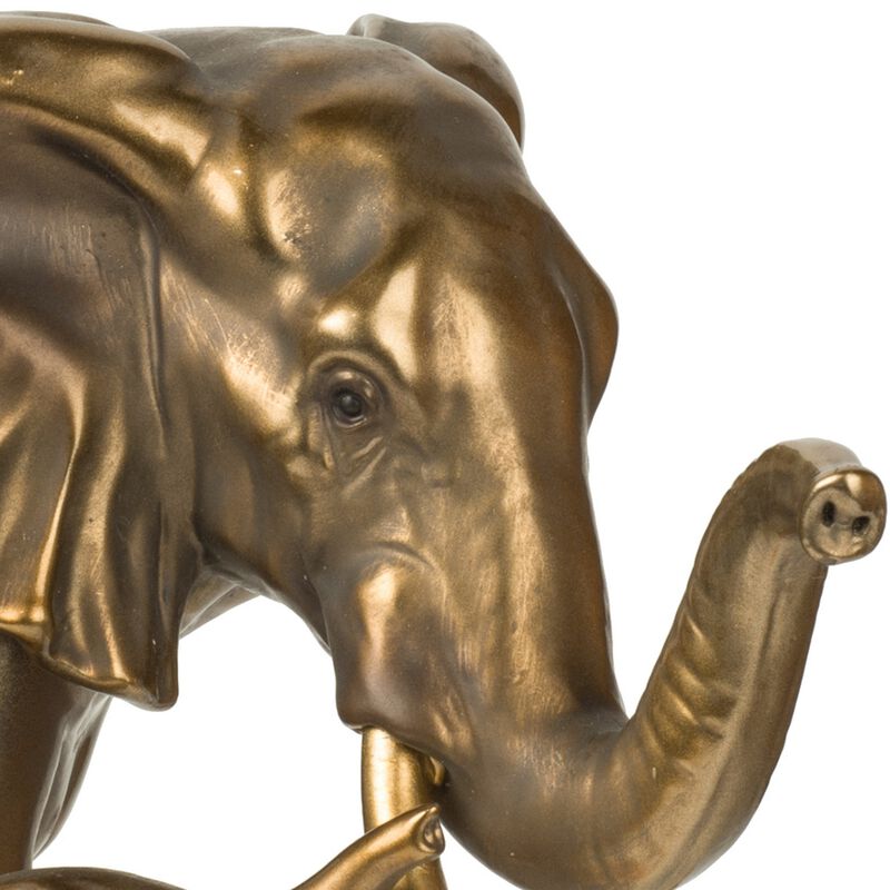 Don 12 Inch Elephant and Baby Statuette, Table Accent Decor, Gold Polyresin - Benzara