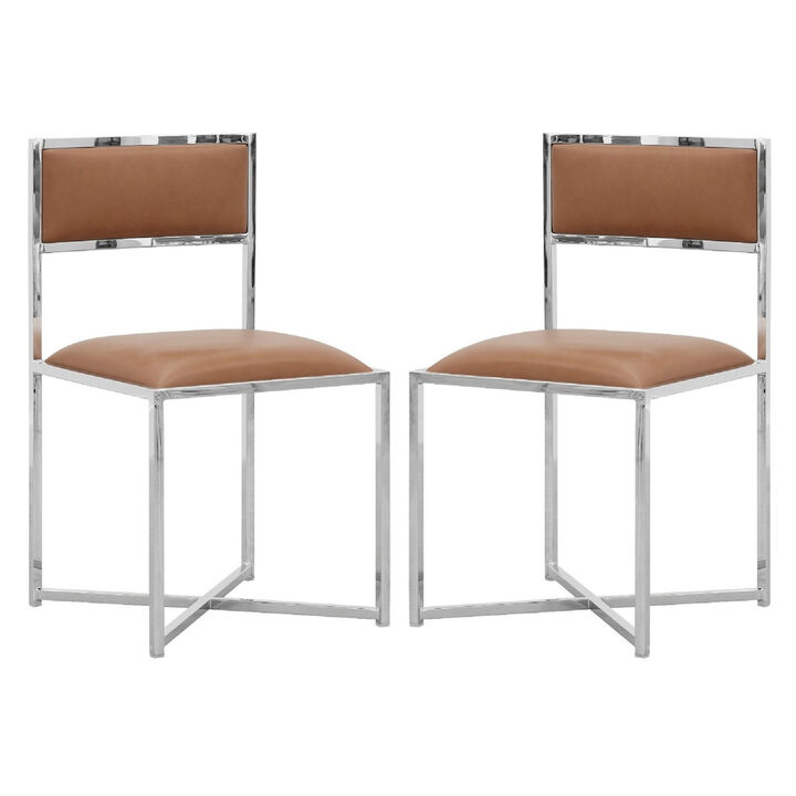 Eun 20 Inch Vegan Faux Leather Dining Chair, Chrome Base, Set of 2, Brown-Benzara