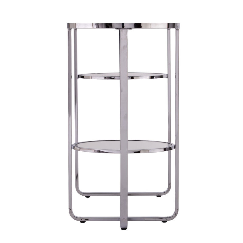 HomeRoots 42" Silver Mirrored Glass and Iron Oval Cross Leg Console Table With Two Shelves image number 2