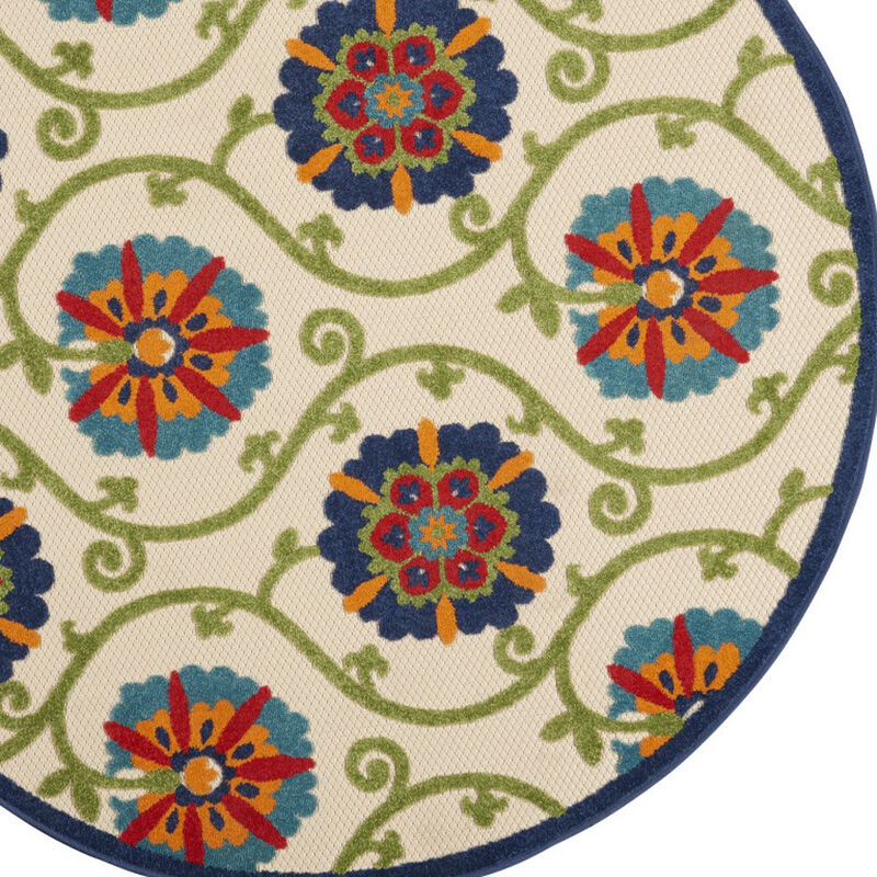 HomeRoots 5' Navy Blue Beige Green Blue And Red Round Floral Indoor Outdoor Area Rug image number 3