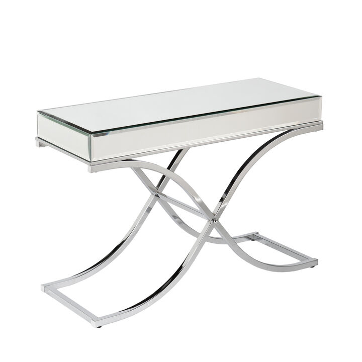 HomeRoots 42" Silver Mirrored Glass and Metal Cross Leg Console Table