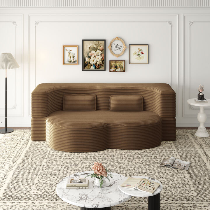 Modern Floor Sofa with 2 Pillows,Convertible Plush Corduroy Foam-Filled Sleeper Sofa